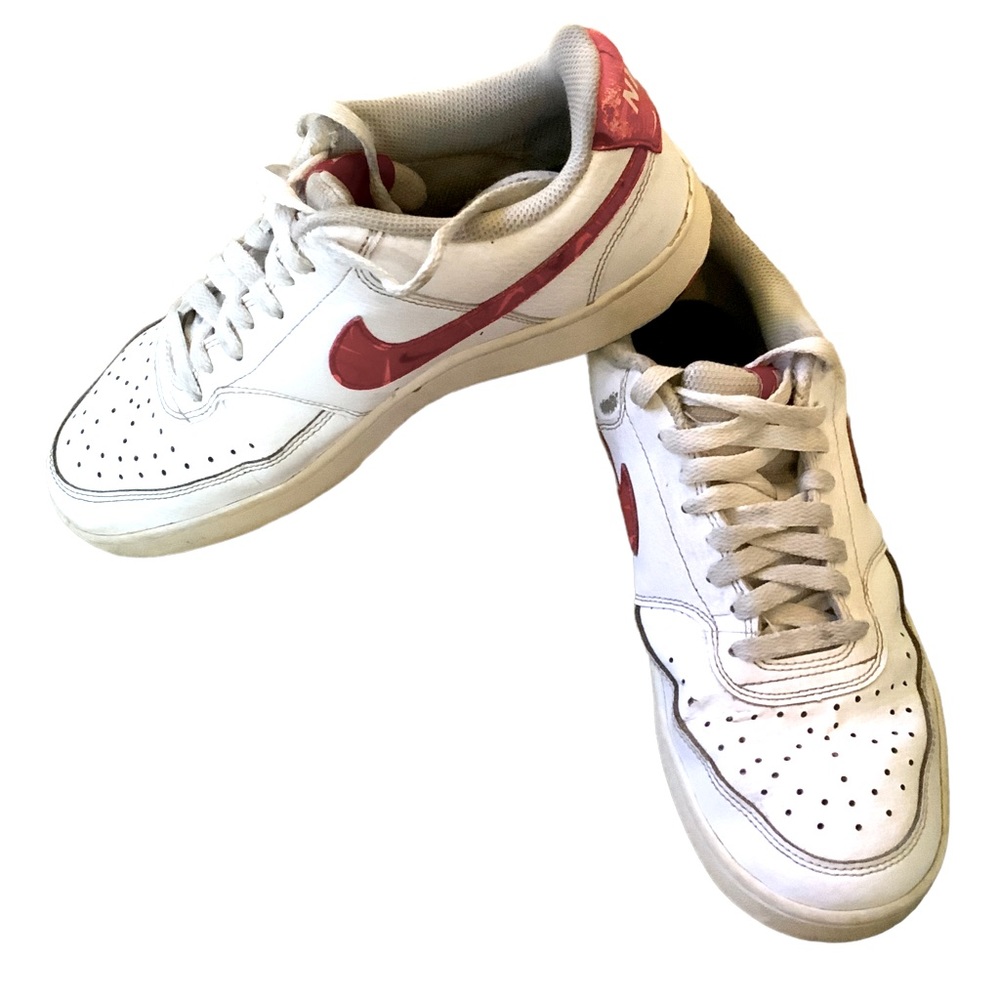 Nike Court Vision Sneakers White Red Logo Trim Red and Black Soles Size 8
